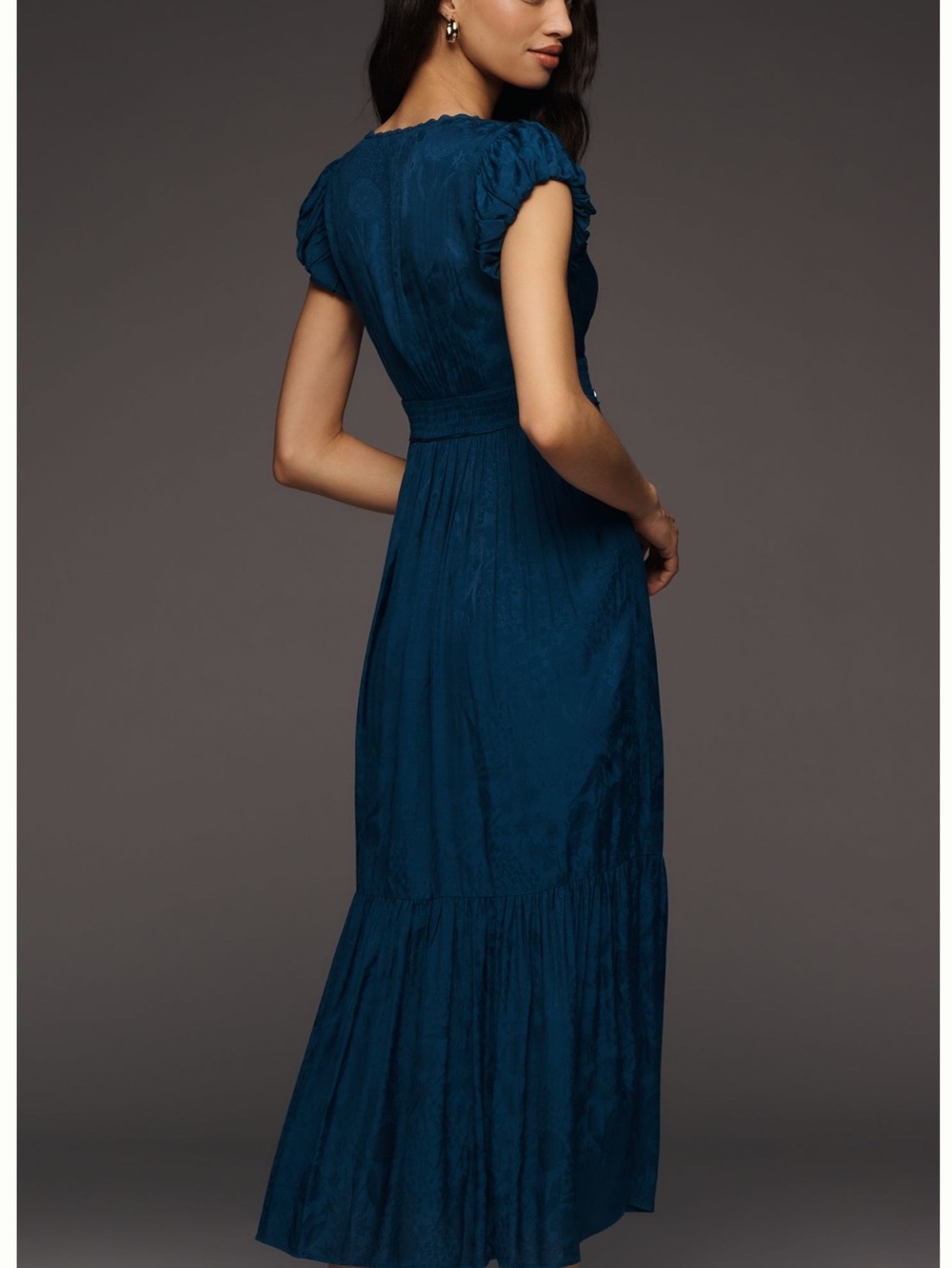 Anthropologie Peregrine V-Neck Midi Dress Silken Cap Sleeve Small Deep Sea Blue - Picture 3 of 15